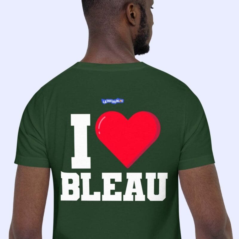 Homme de dos portant le t-shirt vert forêt I love Bleau