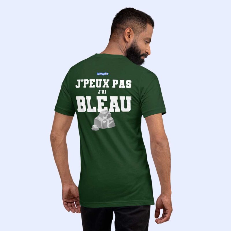 Homme de dos portant le t-shirt vert forêt J’peux pas, J’ai Bleau