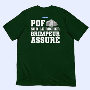 T-shirt vert forêt Pof sur le Rocher, Grimpeur Assuré à plat