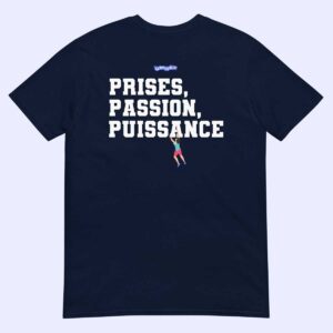 T-shirt bleu marine Prises, Passion, Puissance à plat