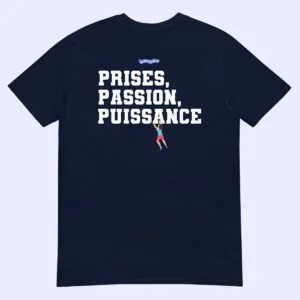 T-shirt bleu marine Prises, Passion, Puissance à plat