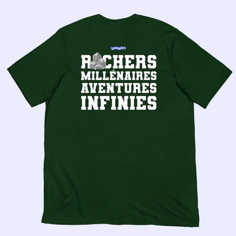T-shirt vert forêt Rochers Millénaires, Aventures Infinies à plat