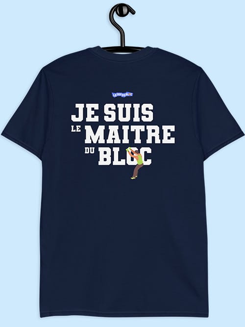 T-shirt bleu marine Je suis le maître du bloc sur cintre