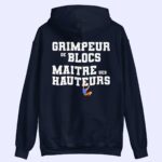 Sweat à capuche bleu marine Grimpeur de blocs, Maître des hauteurs à plat