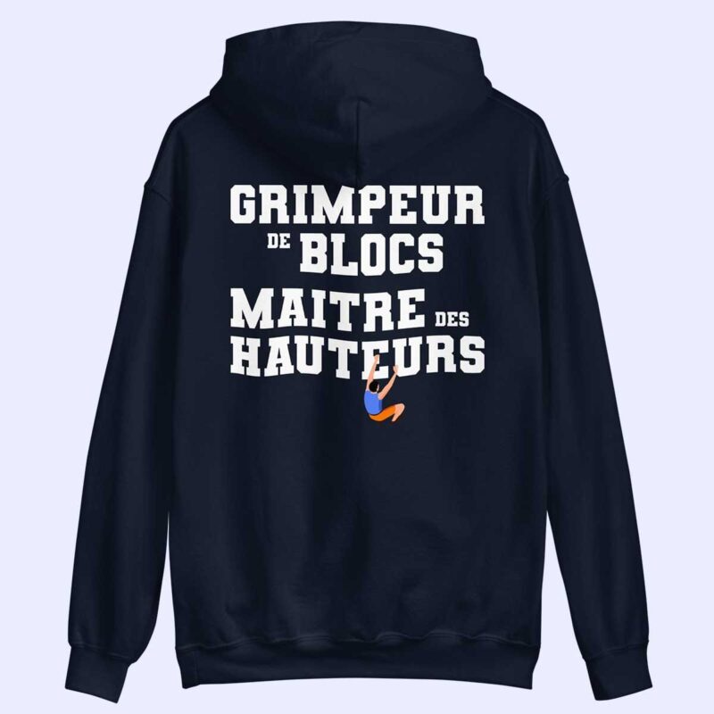 Sweat à capuche bleu marine Grimpeur de blocs, Maître des hauteurs à plat