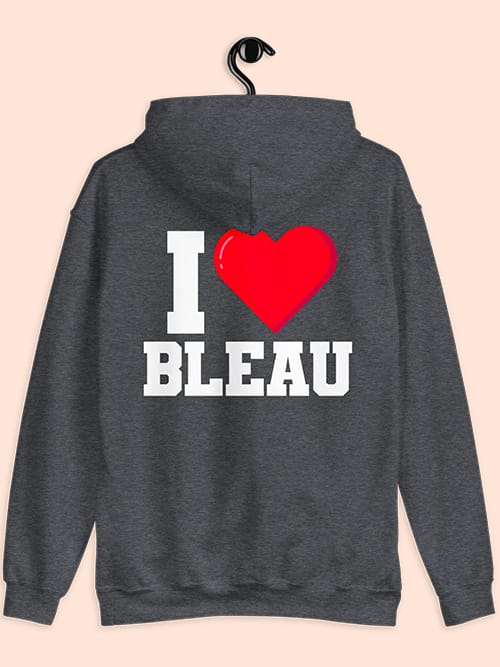 Sweat à capuche I love Bleau gris foncé mis sur cintre