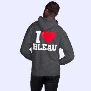 Homme de dos portant le sweat à capuche gris foncé I love Bleau
