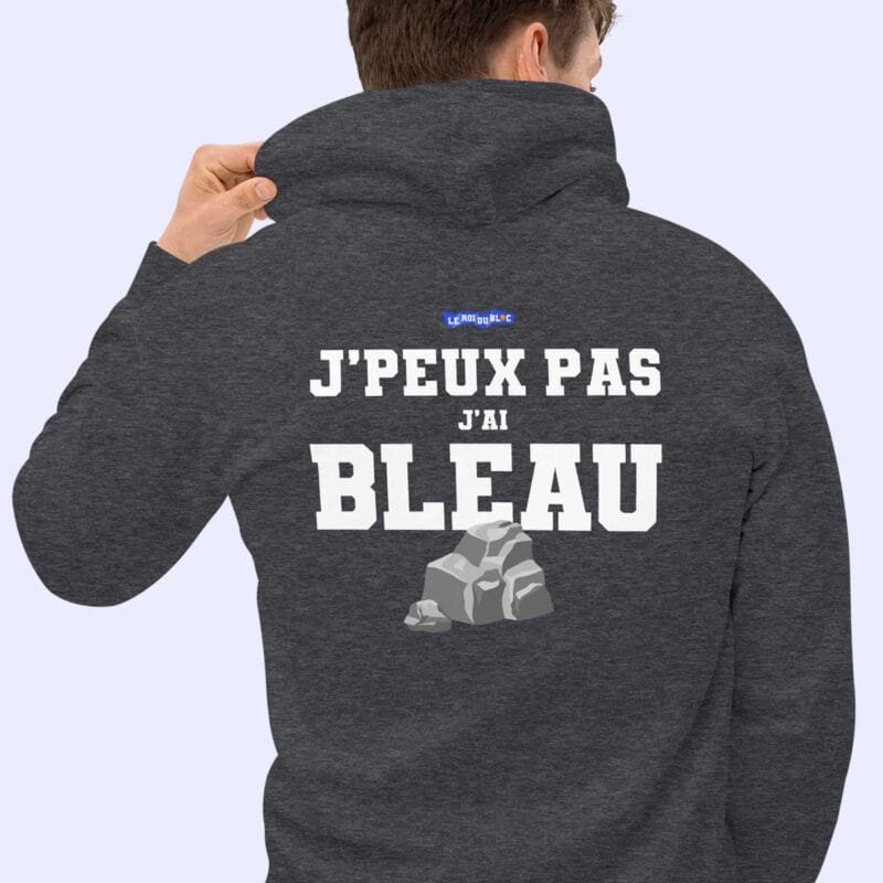 Homme de dos portant le sweat à capuche gris foncé J’peux pas, J’ai Bleau