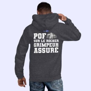 Homme de dos portant le sweat à capuche gris foncé Pof sur le rocher, Grimpeur assuré