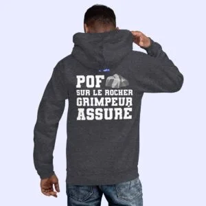 Homme de dos portant le sweat à capuche gris foncé Pof sur le rocher, Grimpeur assuré