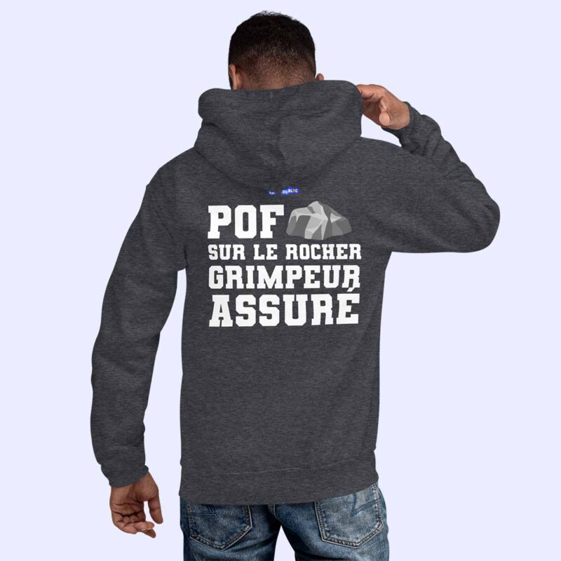 Homme de dos portant le sweat à capuche gris foncé Pof sur le rocher, Grimpeur assuré