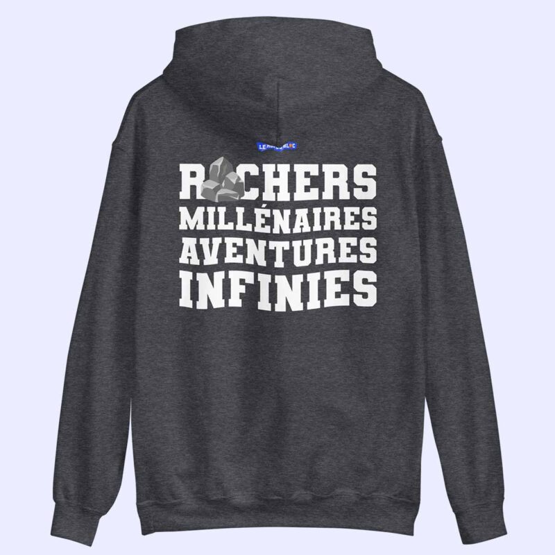 Sweat à capuche gris foncé Rochers Millénaires, Aventures Infinies à plat