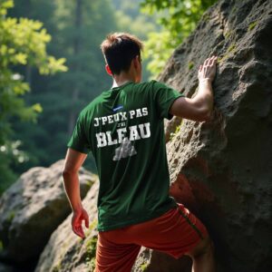 Homme de dos grimpant un rocher en forêt de Fontainebleau, portant le t-shirt vert forêt J’peux pas, J’ai Bleau