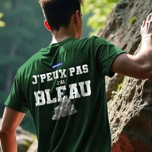 Zoom sur un homme de dos grimpant un rocher en forêt de Fontainebleau, portant le t-shirt vert forêt J’peux pas, J’ai Bleau