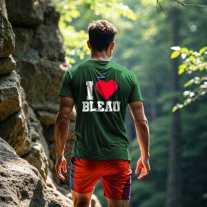 Homme de dos, dans la forêt de Fontainebleau, portant le t-shirt vert forêt I love Bleau