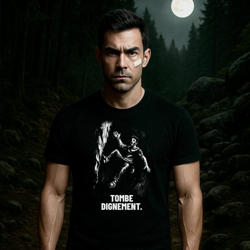 Grimpeur en forêt portant le t-shirt Tombe dignement