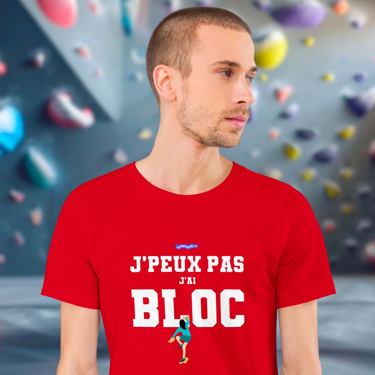 t-shirt escalade rouge "j'peux pas j'ai bloc" vue de face zoom