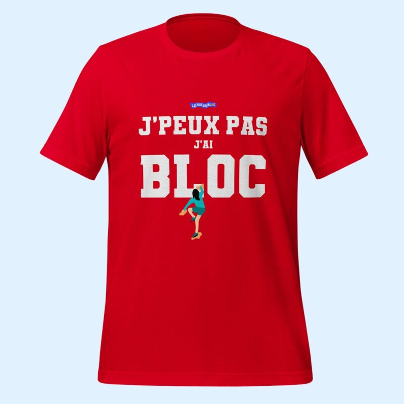 t-shirt escalade rouge "j'peux pas j'ai bloc" vue de face