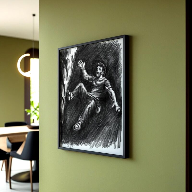 Dessin grimpeur encadré et accroché au mur