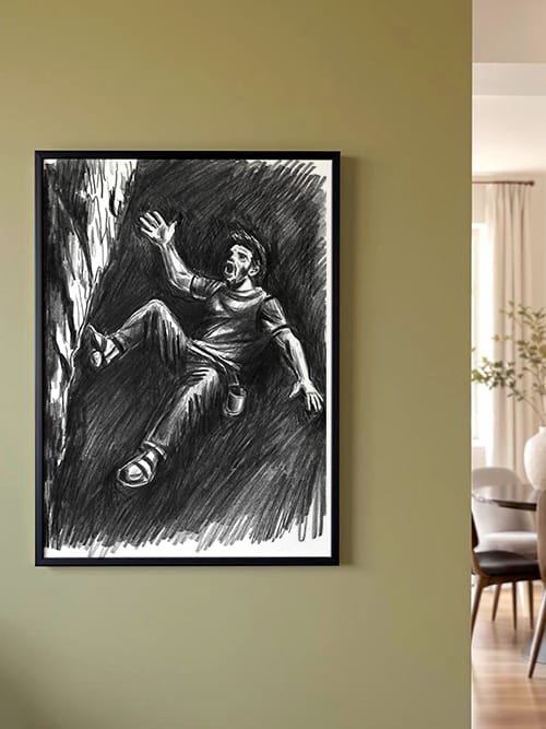 Dessin grimpeur encadré et accroché au mur dans un salon