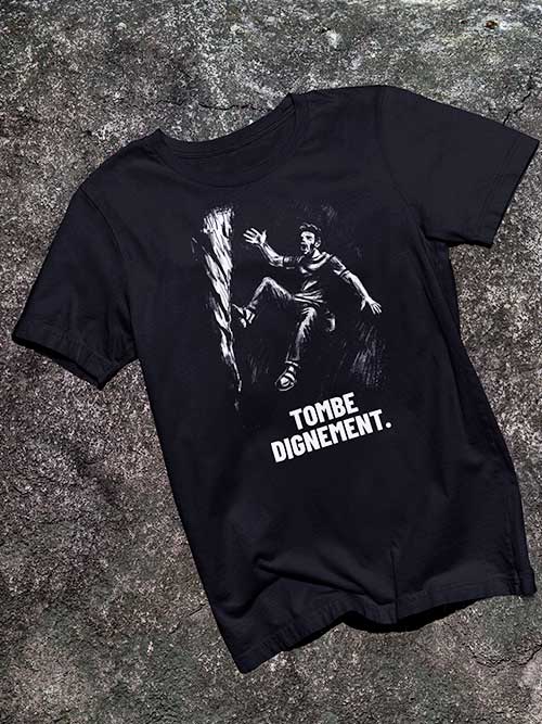 T-shirt escalade Tombe dignement, à plat sur rocher