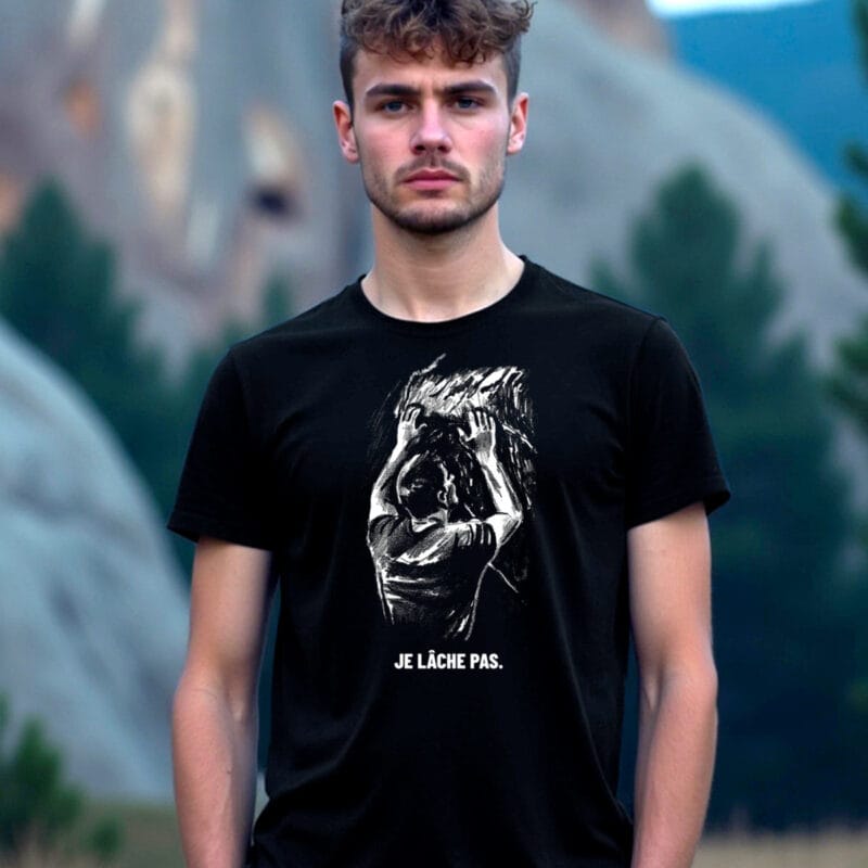 Grimpeur portant le t-shirt escalade Je lâche pas