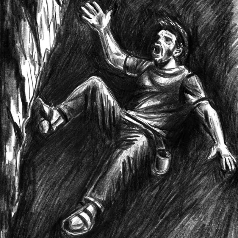 Dessin d'un grimpeur tombant d'une falaise