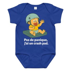 Body bébé manches courtes bleu vue de face "Pas de panique, j'ai un crashpad"