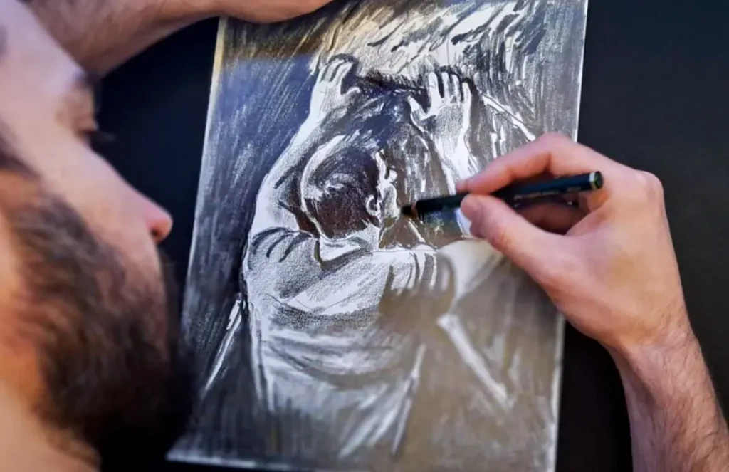 Dessin du t-shirt Je lâche pas réalisé à la main pendant la création du motif