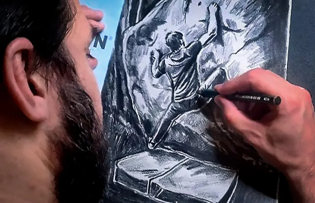 Dessin du t-shirt Prêt à grimper réalisé à la main pendant la création du motif