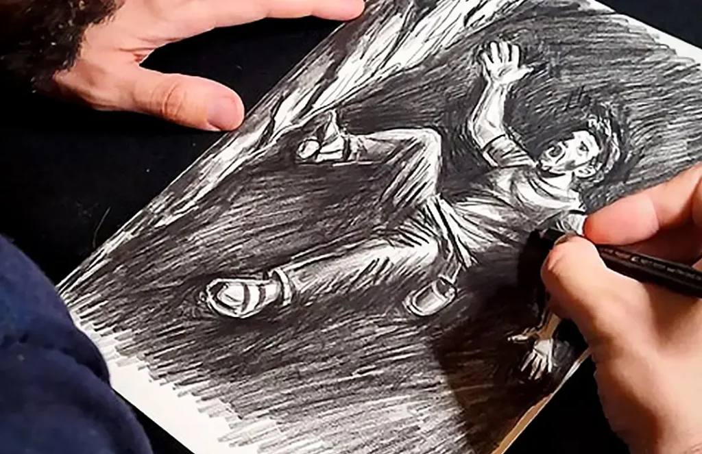 Dessin du t-shirt Tombe dignement réalisé à la main pendant la création du motif