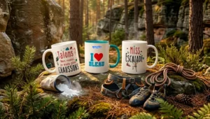 Tasses escalade posées sur un rocher en forêt — cadeau grimpeur