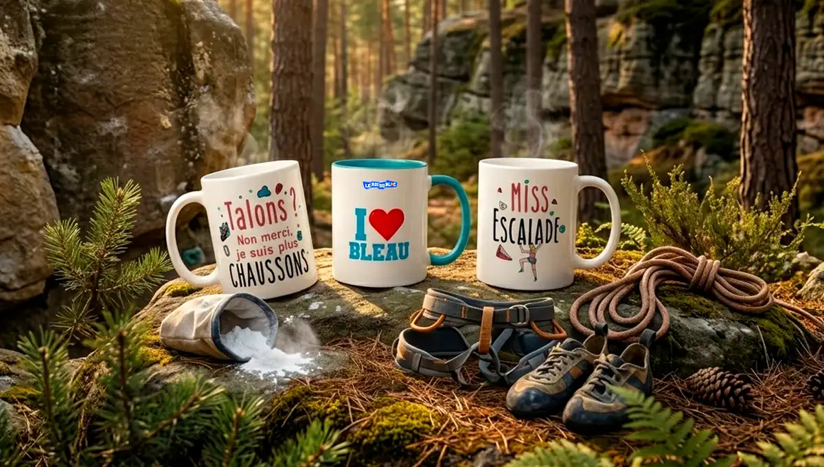 Tasses escalade posées sur un rocher en forêt — cadeau grimpeur